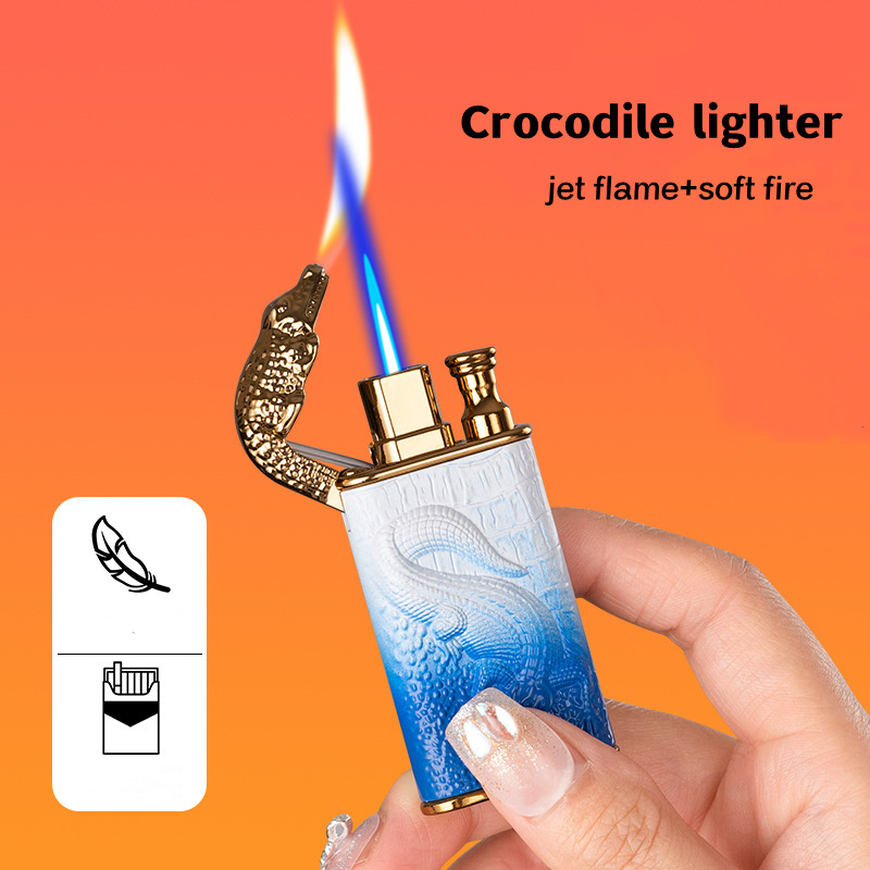 Embossed crocodile model lighter jet flame /open fire refillable gas lighter