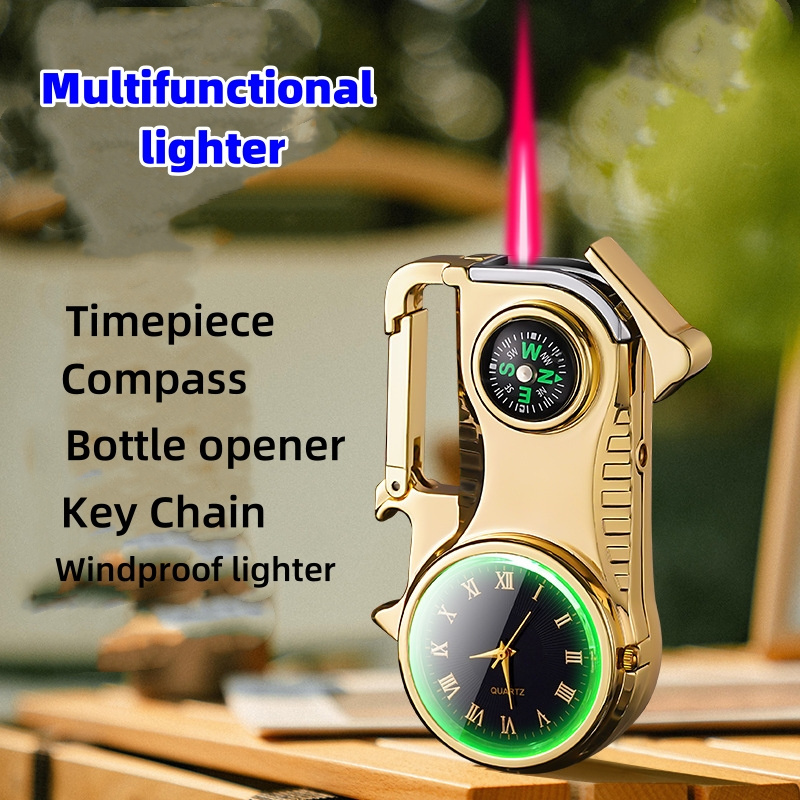 Multi Functional Outdoor Lighter Windproof Red Flame Refillable Lighter With Compass, Clock, Key chain