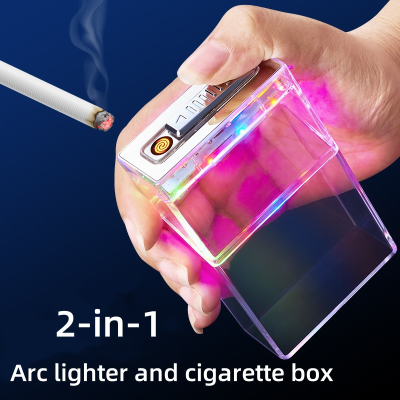 Transparent Cigarette Case with Lighter King Size 20pcs Cigarettes Rechargeable Flameless Windproof Arc Lighter