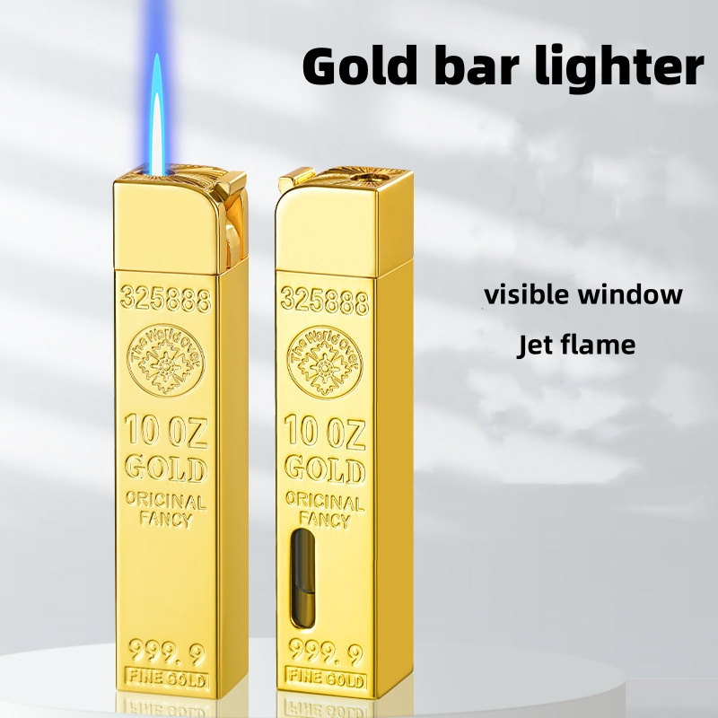 Creative Gold Bar Shaped Blue Jet Flame Gas Lighter With Visible Gas Window Accept Logo Customization