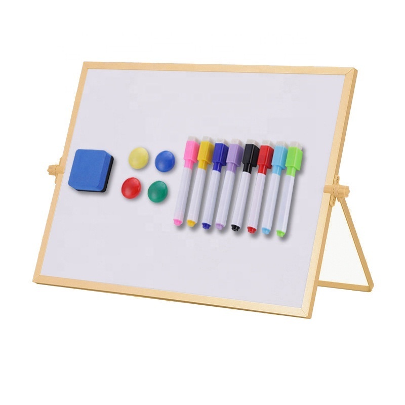 Hot Sale Golden Double Sided Desktop White Board Mini Foldable Magnetic Dry Erase Whiteboard with 10 Markers 4 Magnets 1 Eraser