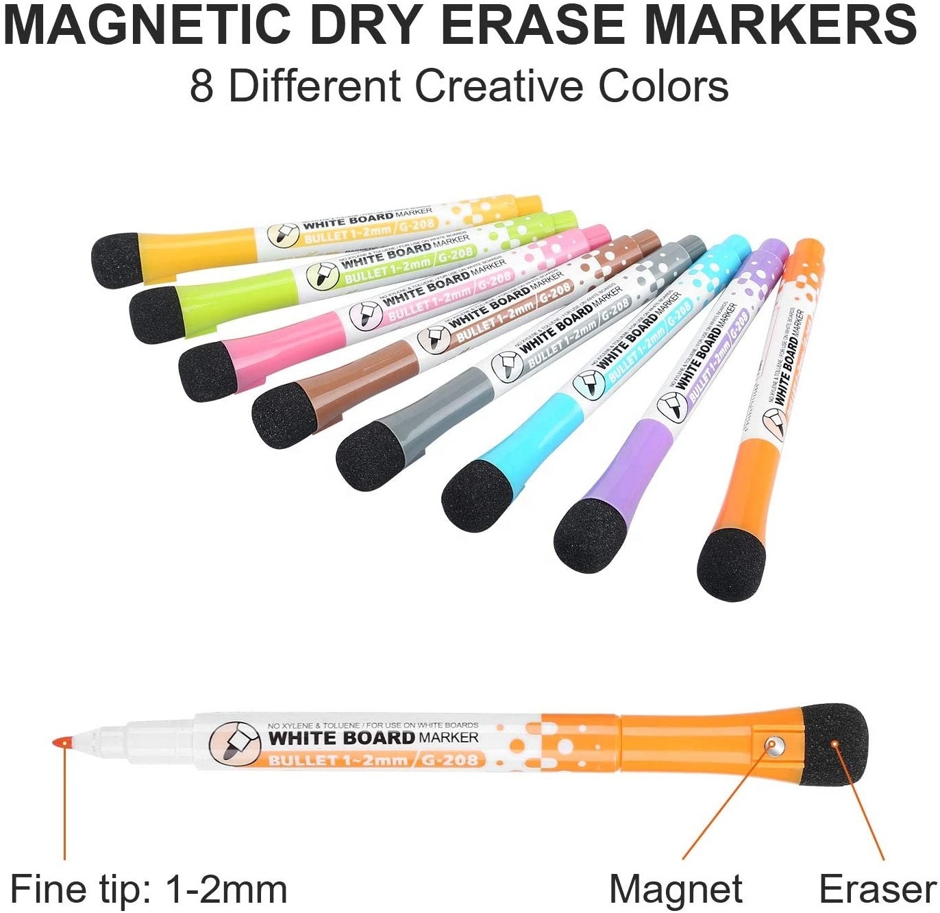 8 sets magnetic white board pen with eraser dry erase ink whiteboard marker with bullet tip