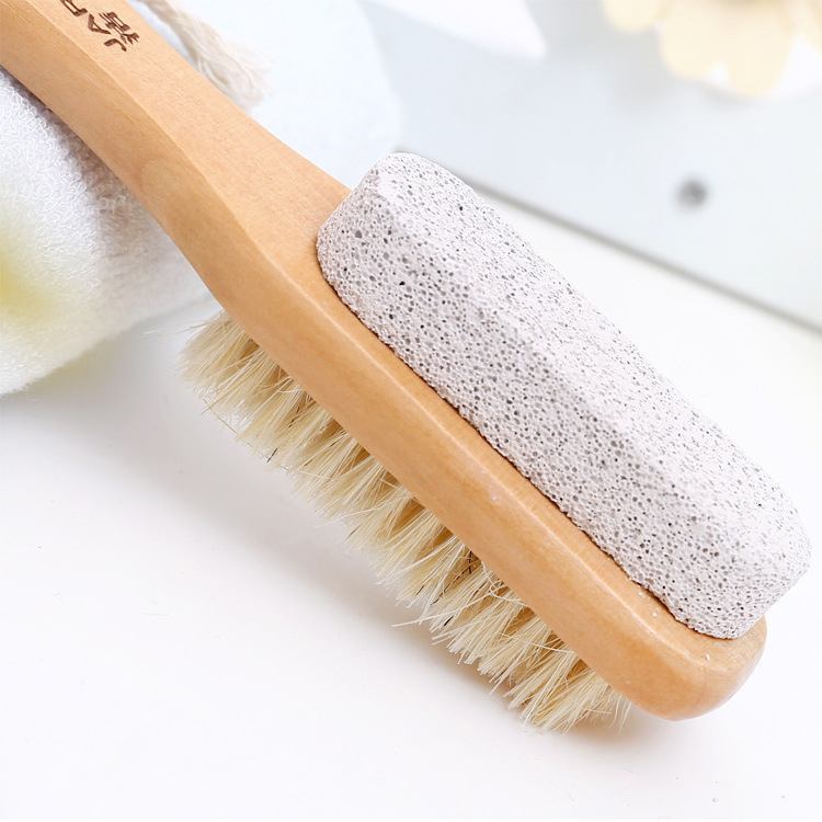 Natural Bristles Feet Exfoliator Foot File Brush Wooden Handle Foot Brush Scrubber with Pumice Stone for Callus Corn Remover