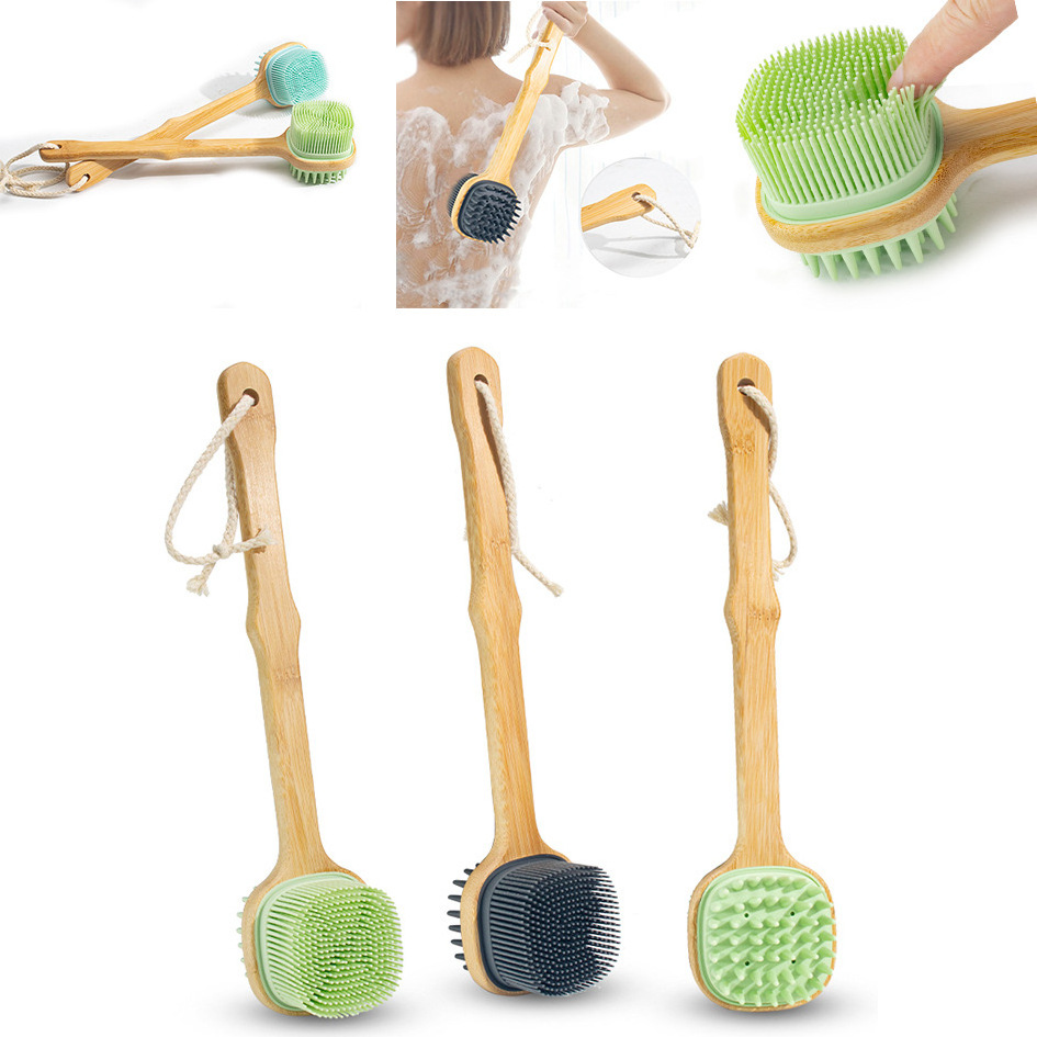 Silicone Back Scrubber for Shower Body Scrubber, Silicone Bath Body Brush with Long Handle and Hook, Dual-Sided & Soft Bristles