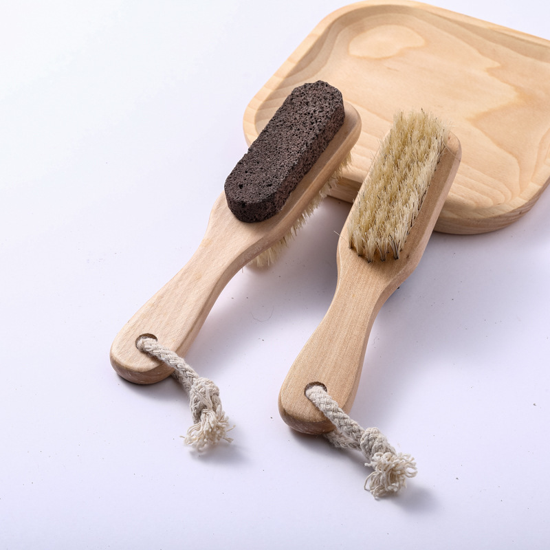 Natural Bristles Feet Exfoliator Foot File Brush Wooden Handle Foot Brush Scrubber with Pumice Stone for Callus Corn Remover