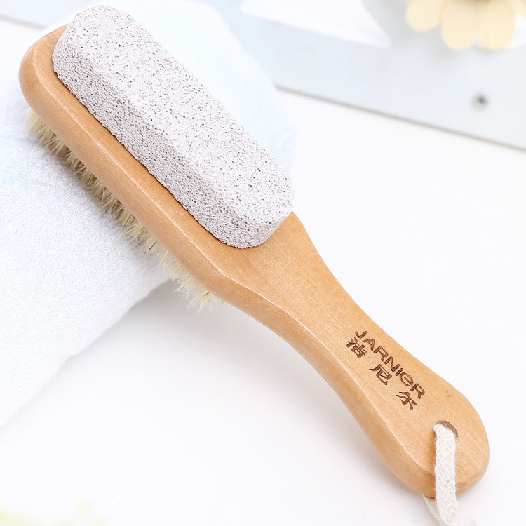 Natural Bristles Feet Exfoliator Foot File Brush Wooden Handle Foot Brush Scrubber with Pumice Stone for Callus Corn Remover