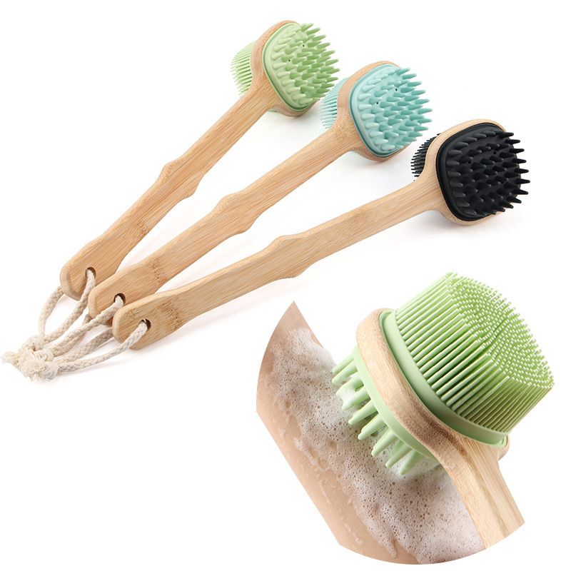 Silicone Back Scrubber for Shower Body Scrubber, Silicone Bath Body Brush with Long Handle and Hook, Dual-Sided & Soft Bristles