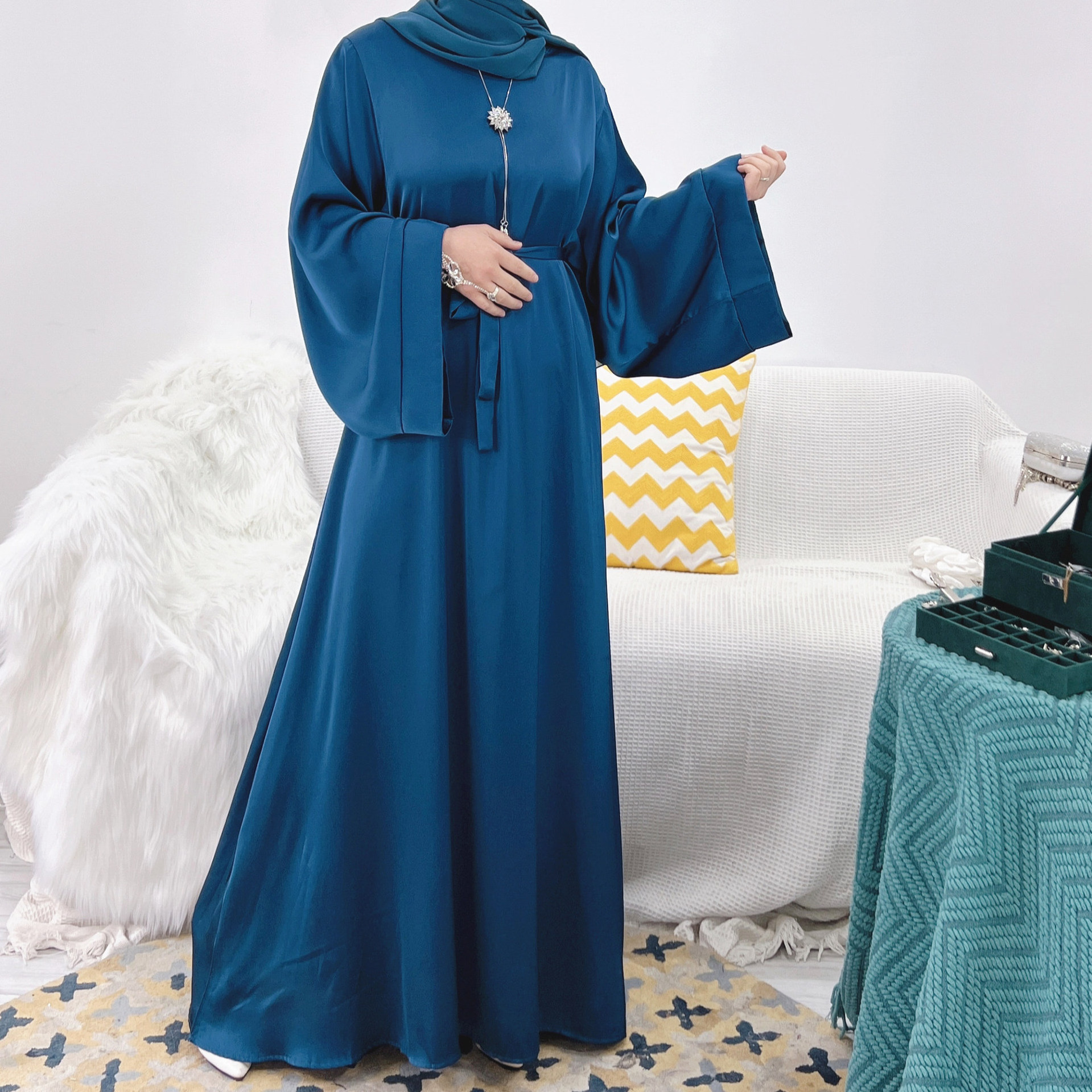 L-16 2023 Solid Color Dubai Turkish Muslim Dress Islamic Clothing Modest Fashion Muslim Women Dress Abaya Dress with Hijab