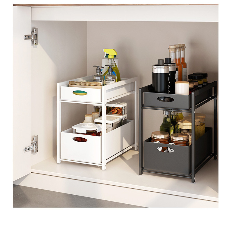 Home kitchen Shelves Storage Holder Under Sink 2 Tier Expandable Organizer Rack Multi-function Metal Drawer Type