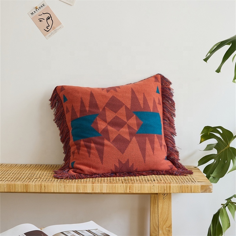 High Quality 100% Cotton  Bohemian Style Geometric Jacquard  Knitted Pillow Case with Tassel  For Home Decoration Sofa Lw