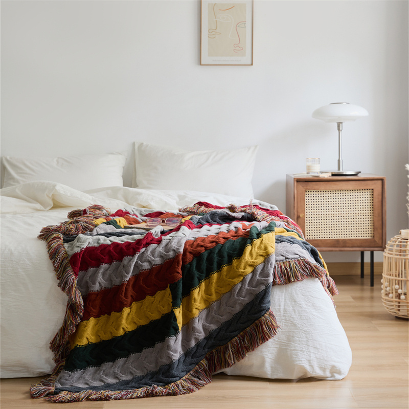 QJHY Soft Warm Cozy Boho Tassel Wool Blend Mexican Knitted Throw Blanket for Bed Home Decoration for Winter