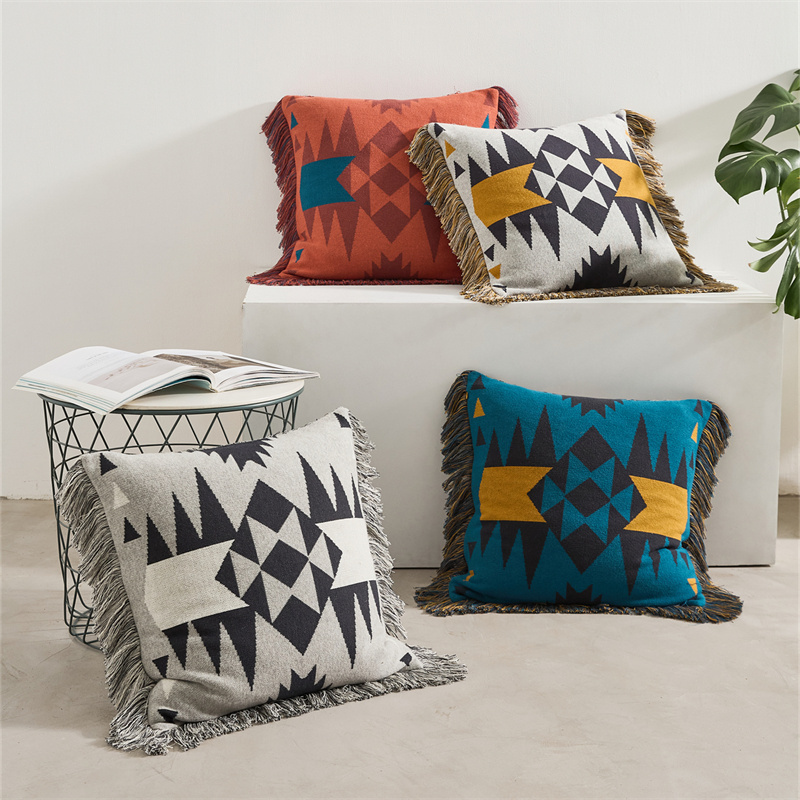 High Quality 100% Cotton  Bohemian Style Geometric Jacquard  Knitted Pillow Case with Tassel  For Home Decoration Sofa Lw