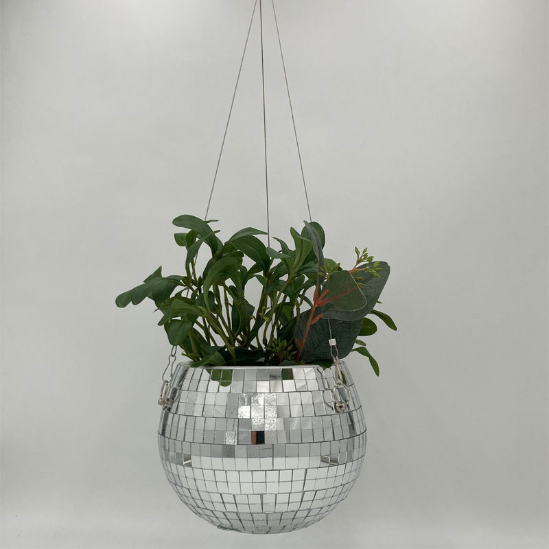 flat bottom disco ball planter with fixed mesh pot disco ball wholesale disco ball ornaments mirror planter chain hanger