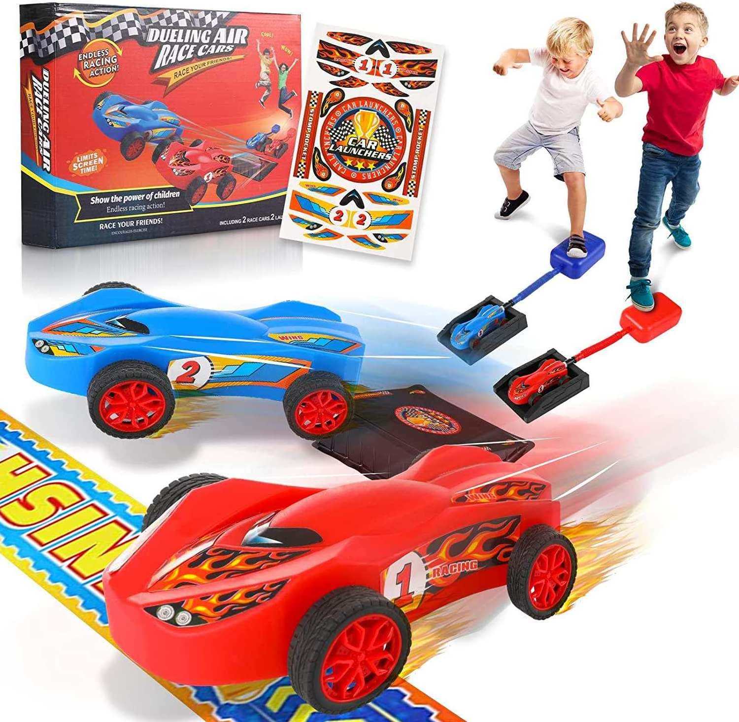 2 IN 1 Air Powered Stomp Racing Car Rocket Launcher Toys Set Outdoor Sport Eva Foam Missile Ejection Racers Launcher Toy For Kid