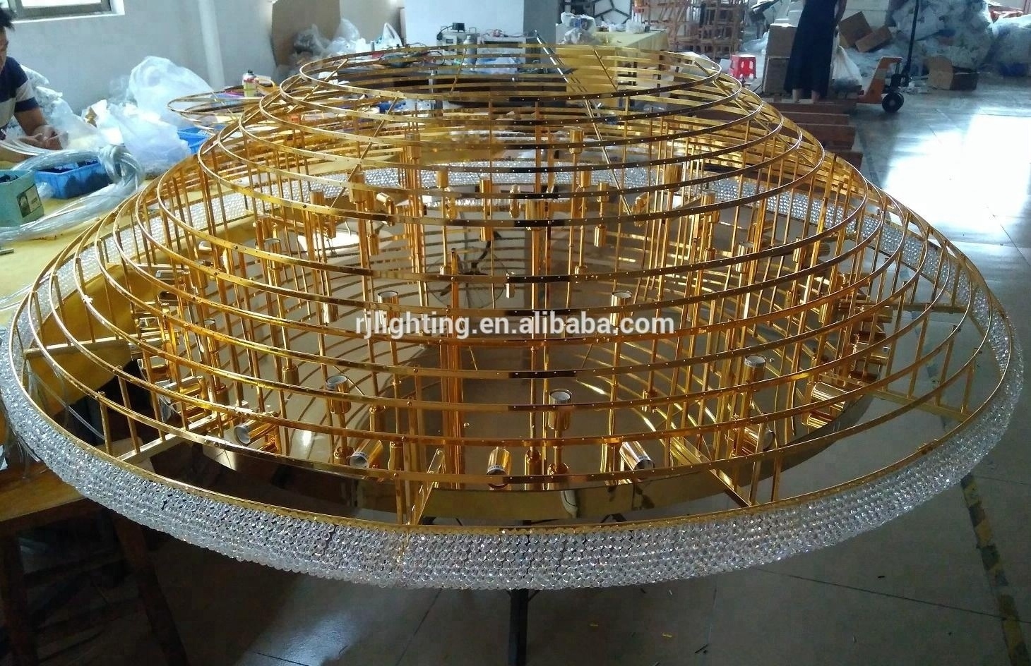 Factory outlet large chandelier 120cm wide low ceiling flush mount round golden crystal light