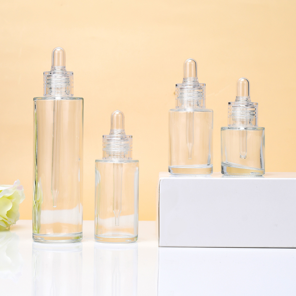 eco friendly clear flat shoulder round square skincare packaging glass hair beard serum essential oil bottles with dropper cap