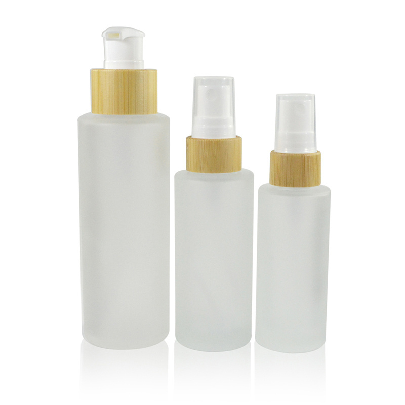 Eco friendly bamboo Cosmetic Packaging 30g 50g 100g glass jar 30ml 50ml 100ml 120ml  Frosted Glass Bottle with Bamboo lid