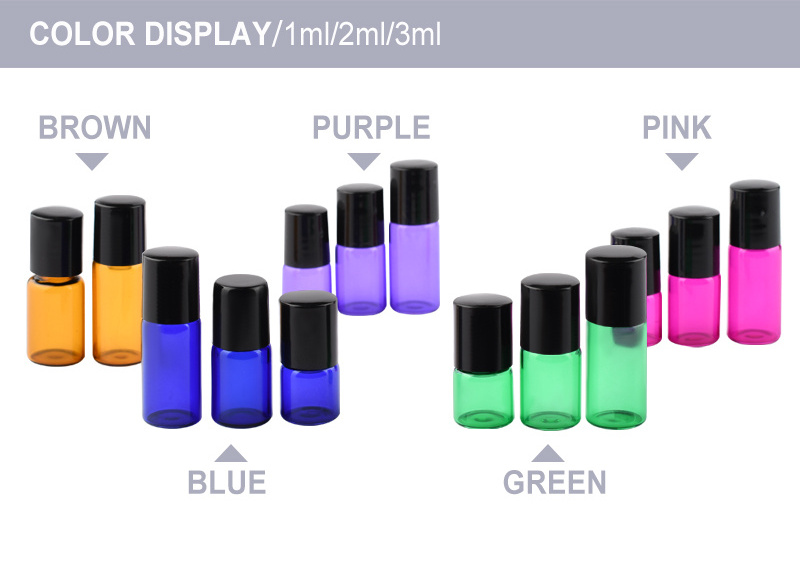 Essential oil packaging 1ml 2ml 3ml 5ml 10ml  clear amber pink purple green perfume glass roll on bottle