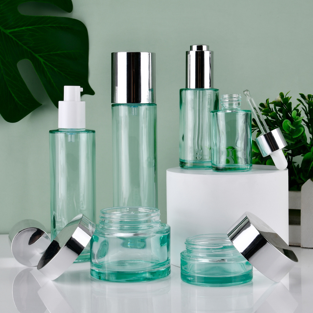 Green Skin Care Set glass  Cream Cosmetic Lotion Bottles  For Eye Serum Face Cream Container