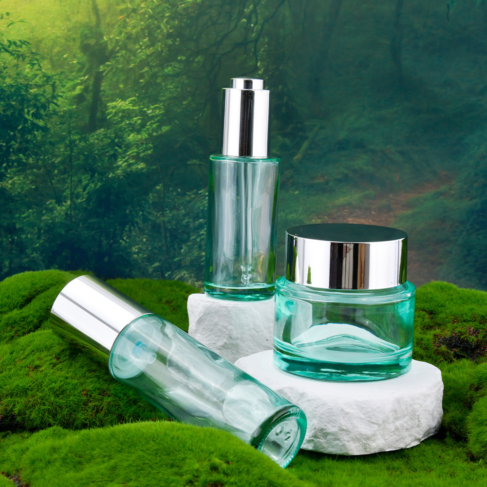 Green Skin Care Set glass  Cream Cosmetic Lotion Bottles  For Eye Serum Face Cream Container