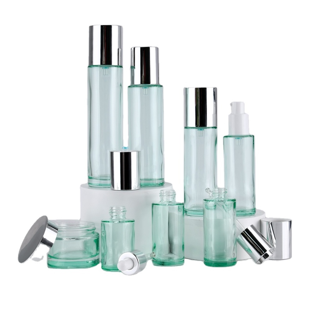 Green Skin Care Set glass  Cream Cosmetic Lotion Bottles  For Eye Serum Face Cream Container