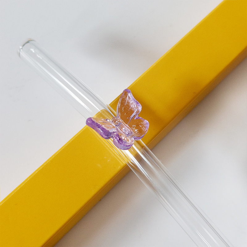 Eco-friendly Multi-color Butterfly Flower Prunt  Straw Twisted Glass Drinking Straw Wavy Glass  Straws  for Smoothies Milkshake