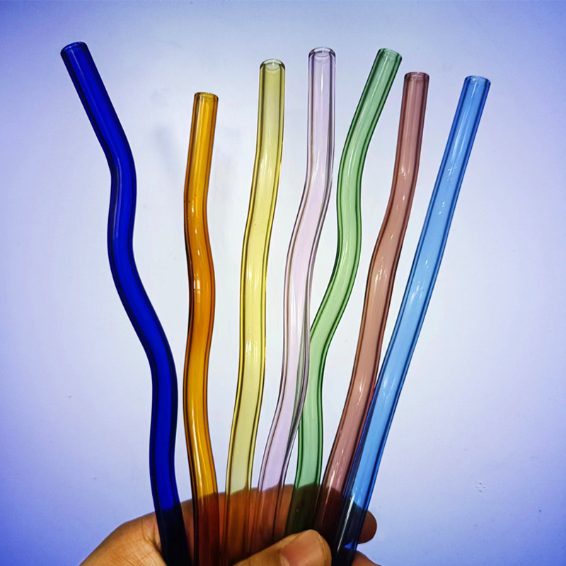 Multi-color Reusable  kitchen accessories wavy glass straws Glass Drinking Straw Bent Wave Straw  for Smoothies Milkshake