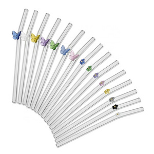 Eco-friendly Multi-color Butterfly Flower Prunt  Straw Twisted Glass Drinking Straw Wavy Glass  Straws  for Smoothies Milkshake