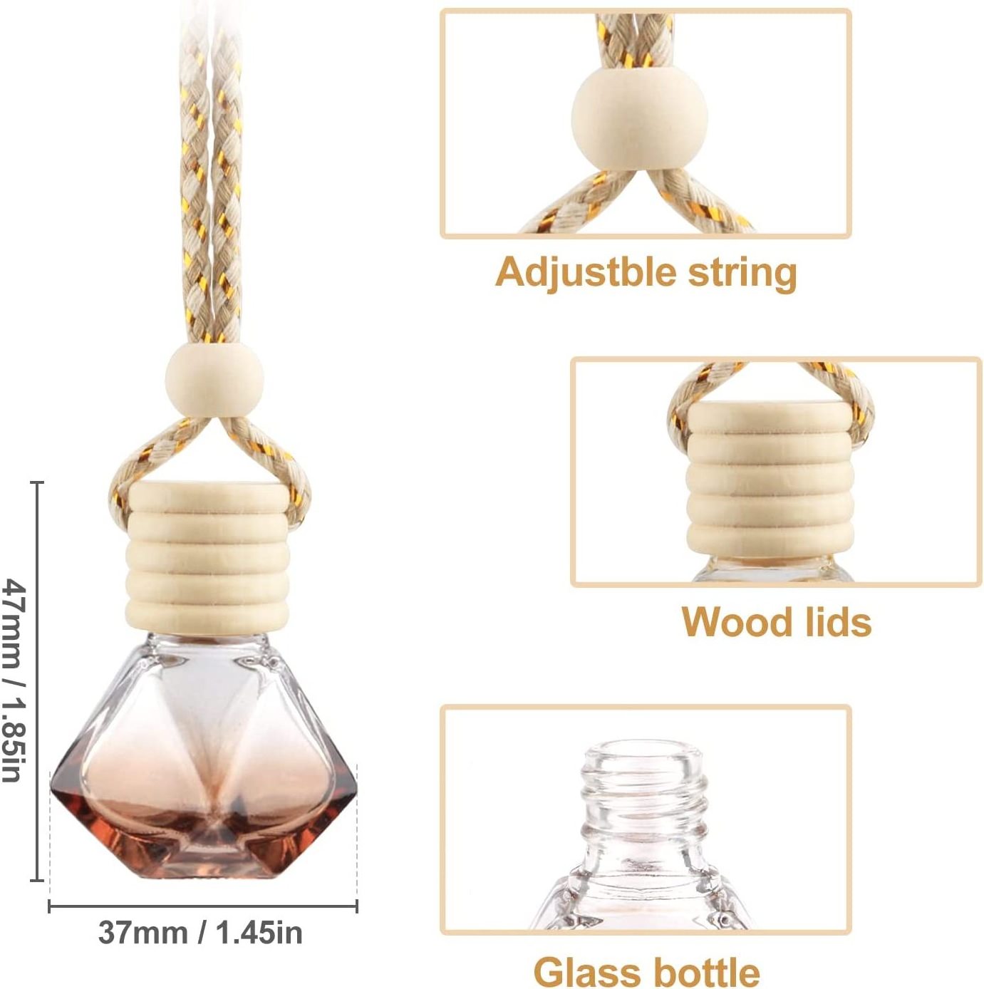 Different Shaped 8ml 10ml Iridescent Perfume Bottle with wooden Air Freshener Empty Vent Car Aroma Diffuser Glass Bottle Hanging