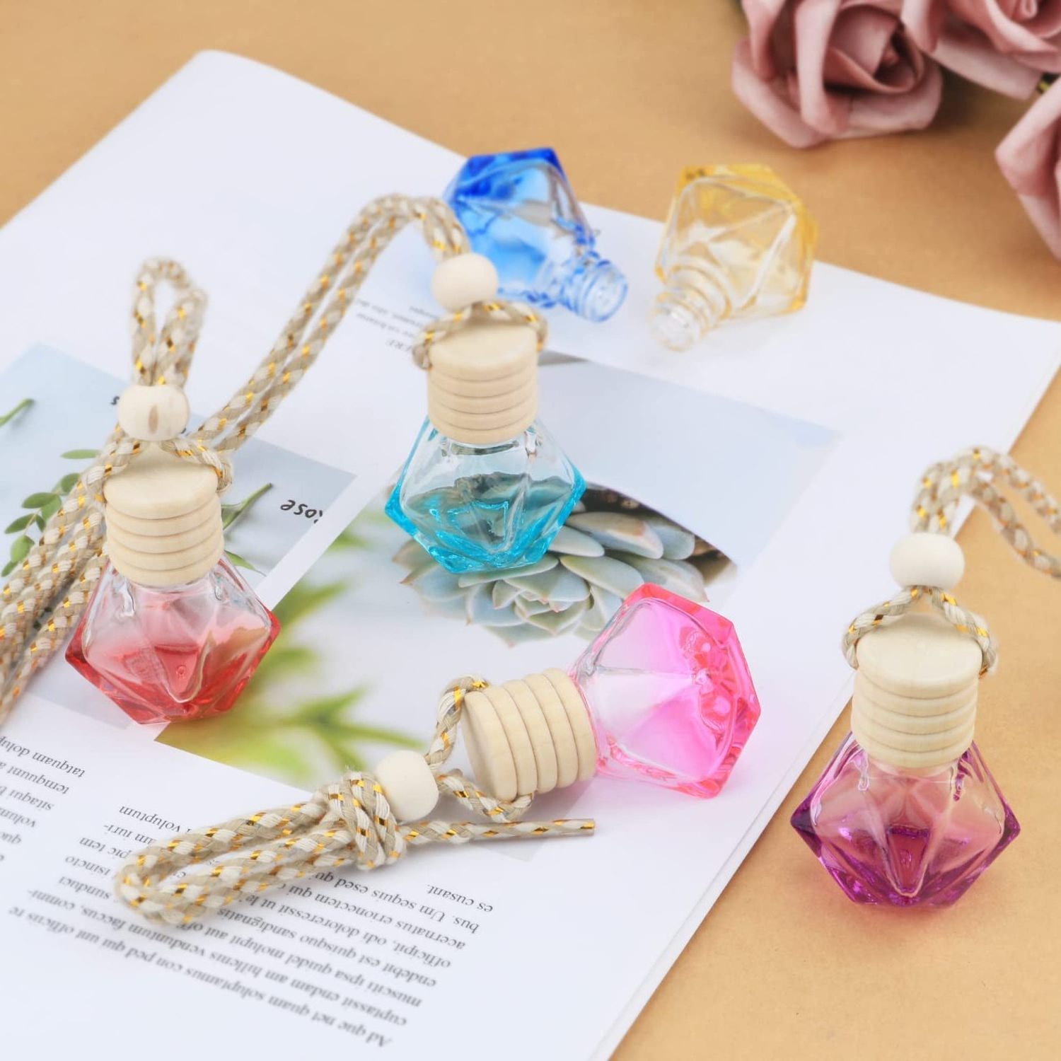 Different Shaped 8ml 10ml Iridescent Perfume Bottle with wooden Air Freshener Empty Vent Car Aroma Diffuser Glass Bottle Hanging