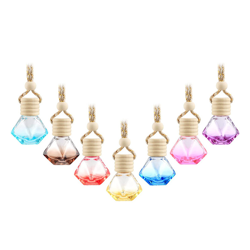 Different Shaped 8ml 10ml Iridescent Perfume Bottle with wooden Air Freshener Empty Vent Car Aroma Diffuser Glass Bottle Hanging