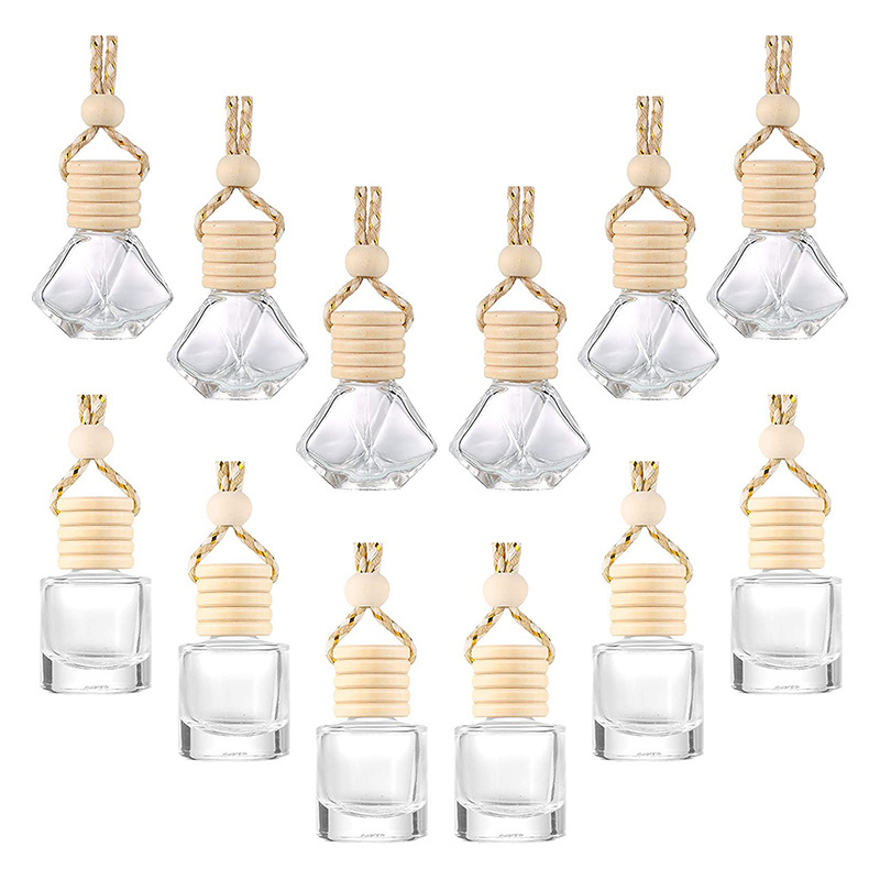 Different Shaped 8ml 10ml Iridescent Perfume Bottle with wooden Air Freshener Empty Vent Car Aroma Diffuser Glass Bottle Hanging