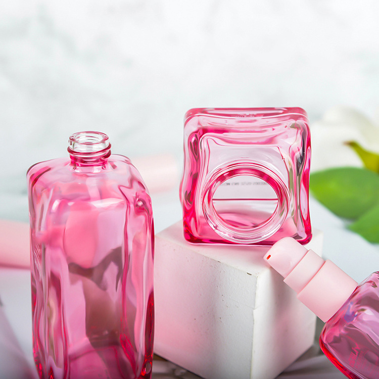 Pink Glass Bottle Skincare Packaging Lotion Serum Cream Containers Unique Square Empty Cosmetic Jar and Bottle Sets 50G 40ML 100