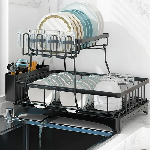 Dish Drying Rack for Kitchen Counter with Drainboard Detachable Stainless Steel 2 Tier Large Dish Racks Drainer Sink Organizer