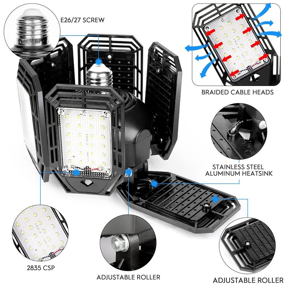 100W Foldable LED Garage Light with 6 Adjustable Panels deformable Warehouse ceiling light For Basement And Workshop