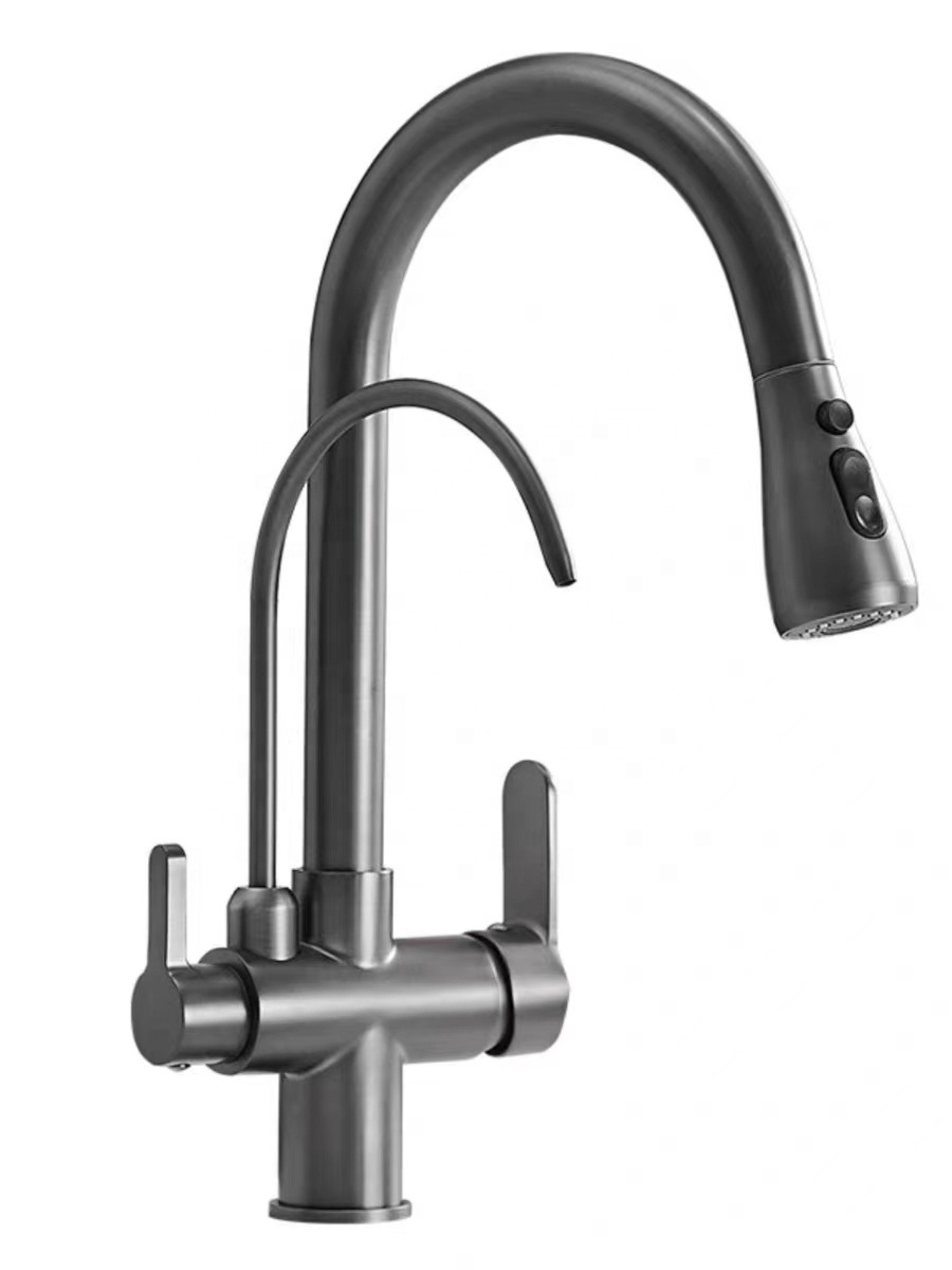 JX-1035 Modern Mixer Double Handle Outlet Tap Brass Sink Faucet Drinking Water Faucet Pull Out Kitchen Tap Filter