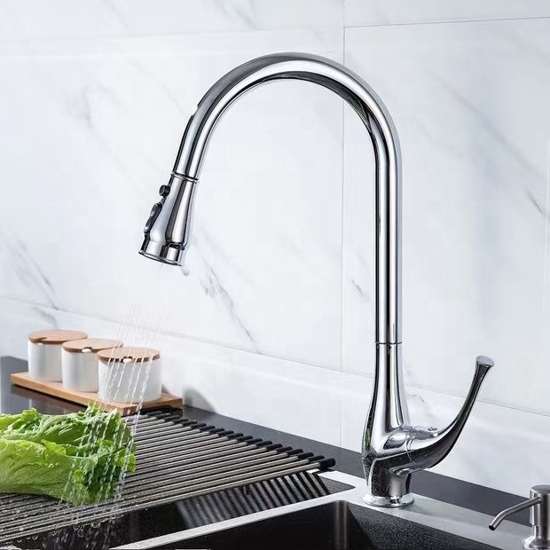 JX-1046 Manufacturer Chrome Pullout  With Sprayer Single Handle Brass Body Zinc Handle Kitchen Faucets