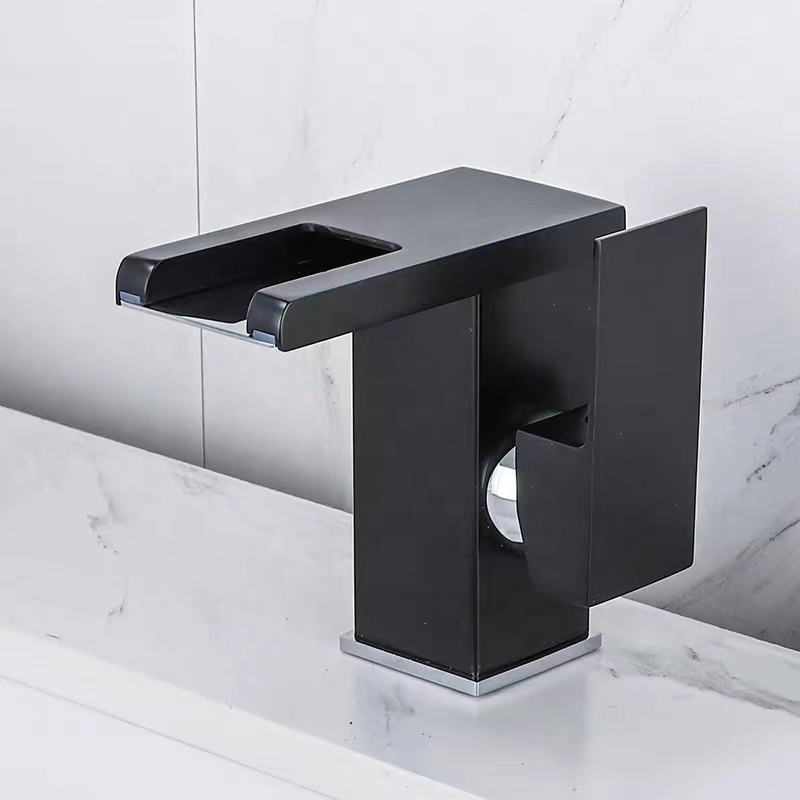 Black  Brass Bathroom Basin Single Handle Cold Hot Water Led Light Waterfall Basin Faucet