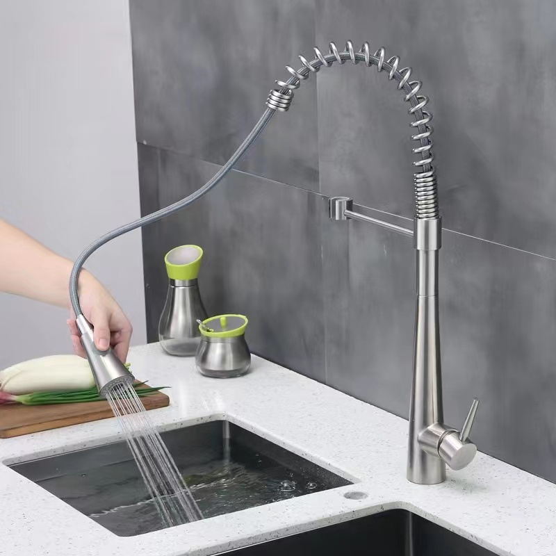 Modern 304 Stainless Steel Single-Handle Pull Down Kitchen Sink Faucet