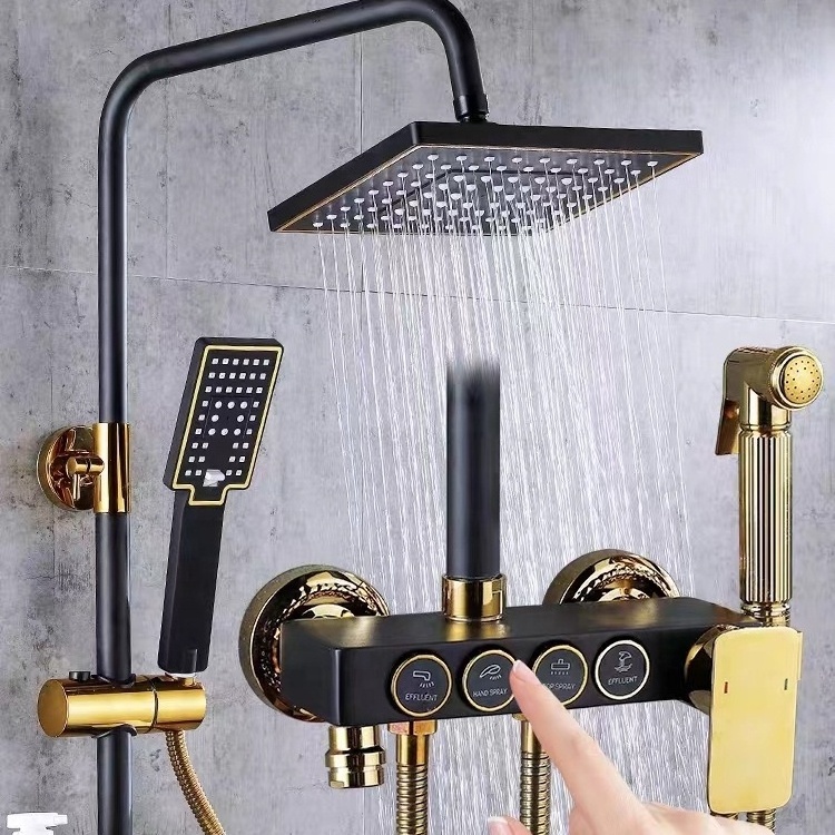 2023 Hot Sale Wall Mounted Function Brass Black Gold Thermostatic Bathroom Shower Set With Spray Gun