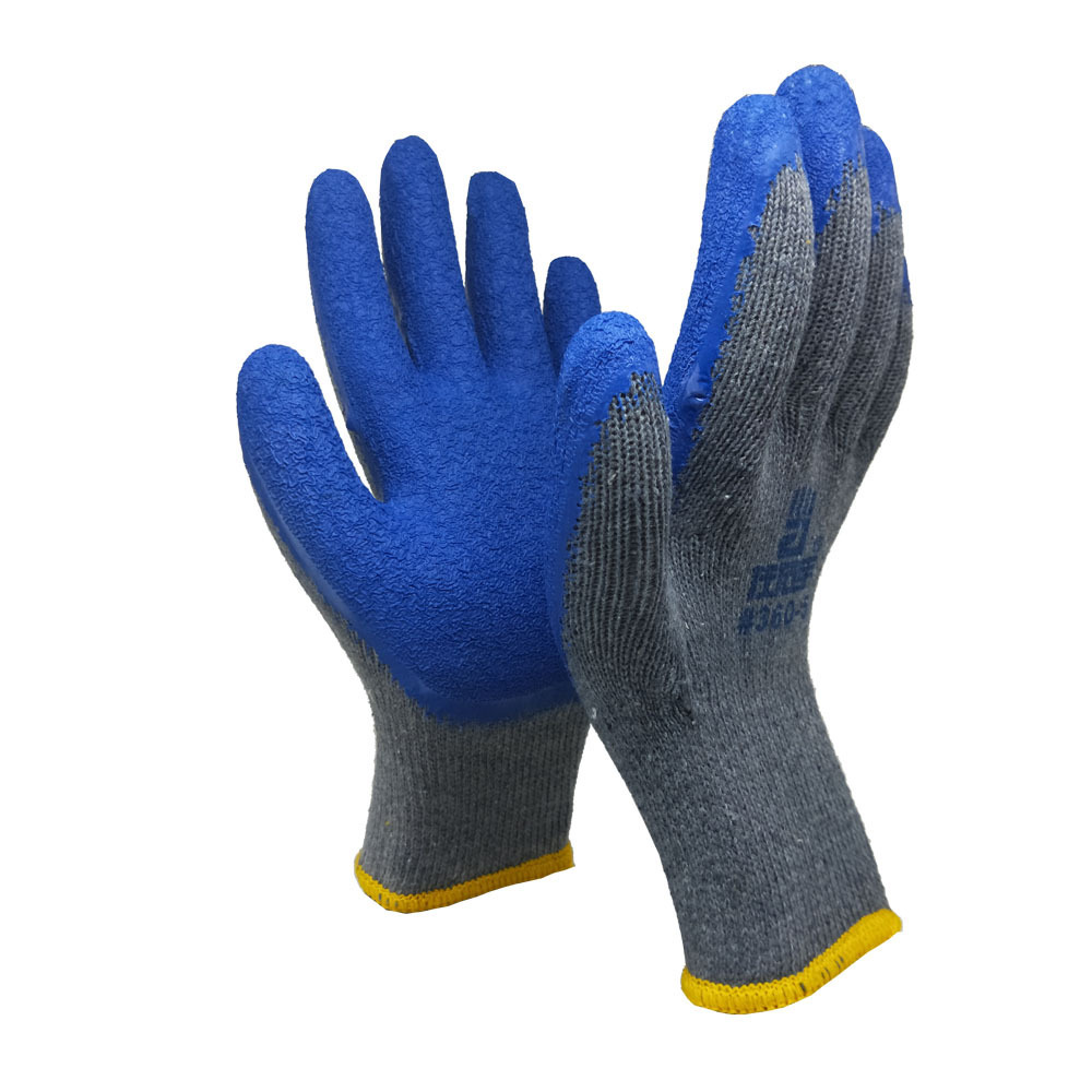 Grey cotton lined blue crinkle latex rubber palm coated heavy duty safety work gloves for construction gardening