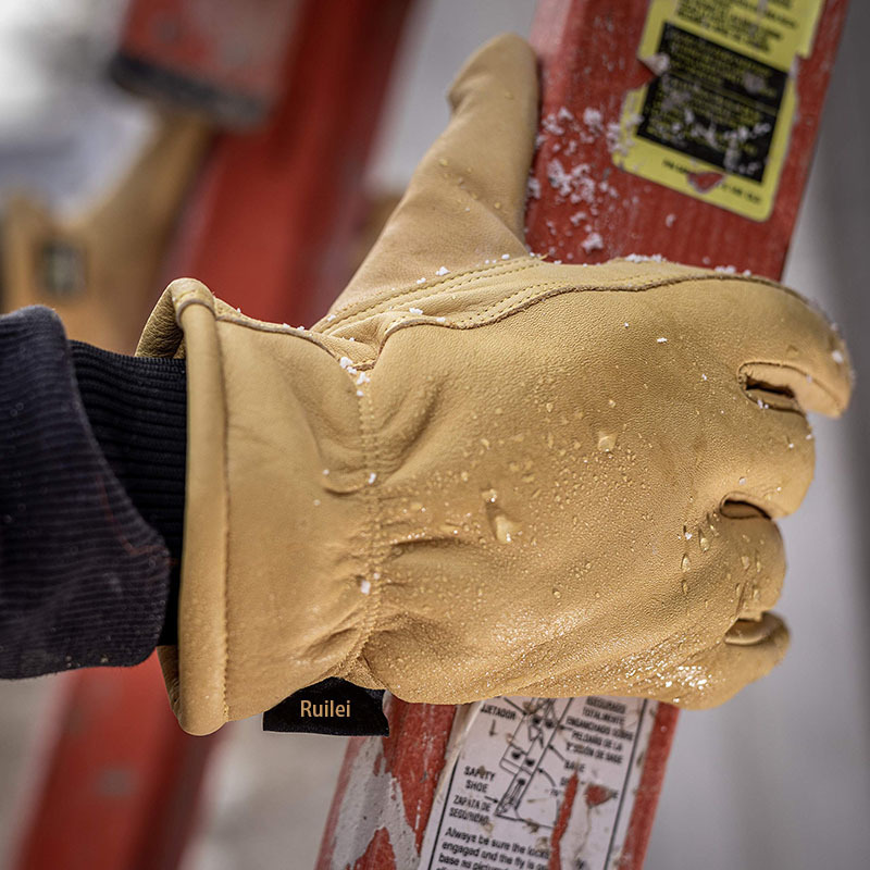 Yellow Outdoor Cold Proof Waterproof Warm Thick Palm Reinforced Cowhide Goatskin Leather Durability Flexible Winter Work Glove