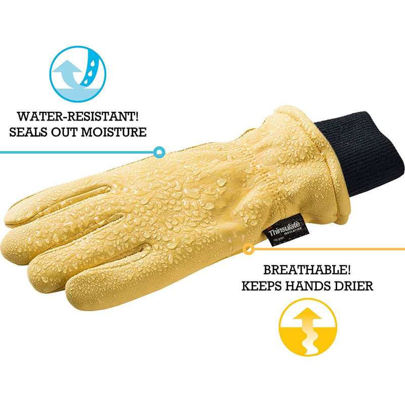 Yellow Outdoor Cold Proof Waterproof Warm Thick Palm Reinforced Cowhide Goatskin Leather Durability Flexible Winter Work Glove