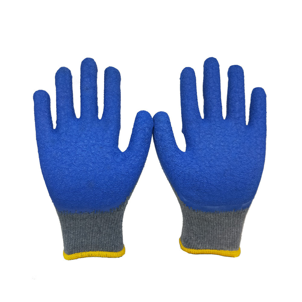 Grey cotton lined blue crinkle latex rubber palm coated heavy duty safety work gloves for construction gardening