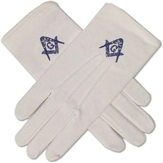 Custom Logo Free Cotton Blue Square & Compass Embroidered Masonic Regalia White Gloves