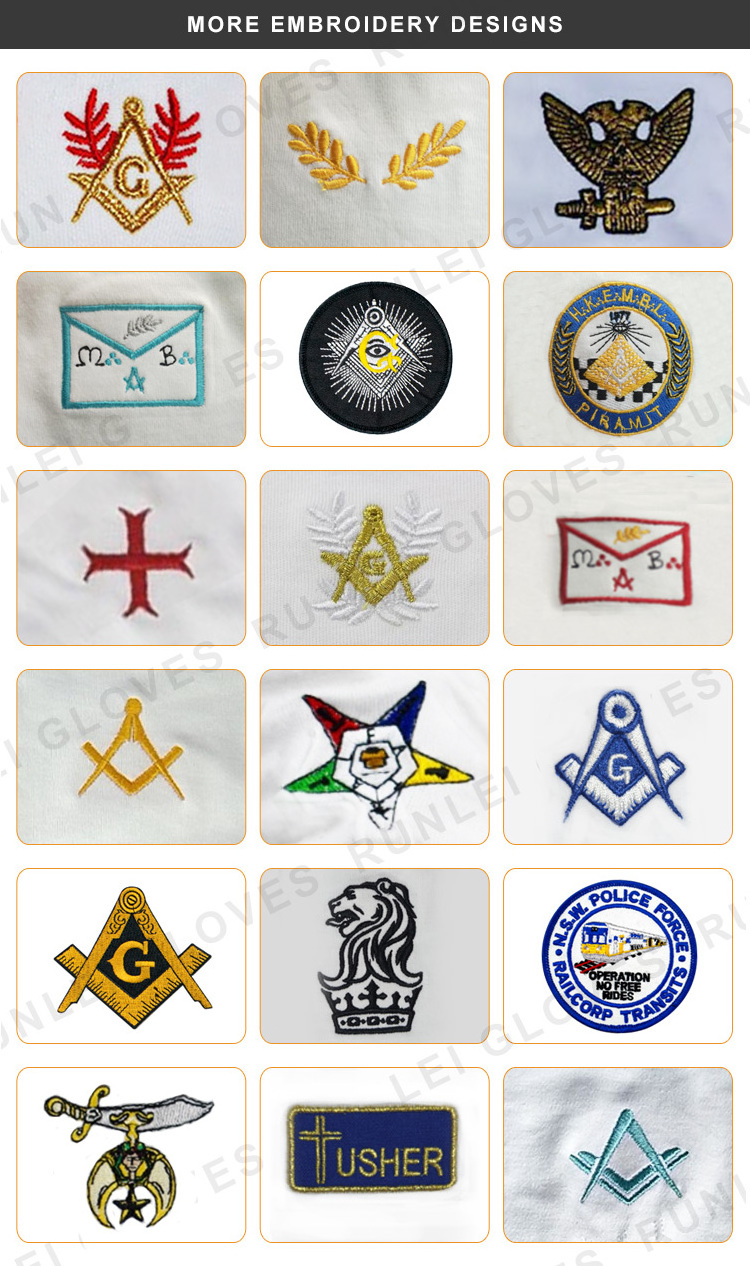 embroidery logo Order of the Eastern Star 100% cotton freemason free mason uniform white dress masonic regalia hand gloves