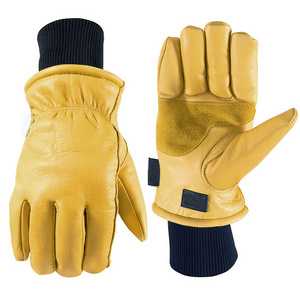 Yellow Outdoor Cold Proof Waterproof Warm Thick Palm Reinforced Cowhide Goatskin Leather Durability Flexible Winter Work Glove