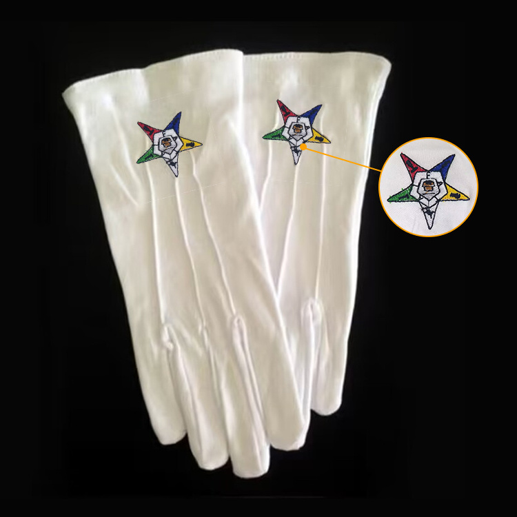 embroidery logo Order of the Eastern Star 100% cotton freemason free mason uniform white dress masonic regalia hand gloves