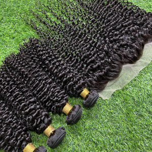 Brazilian Hair Bundles With Closure Short Human Hair Weaves Kinky Curly Cuticle Aligned Hair Frontal