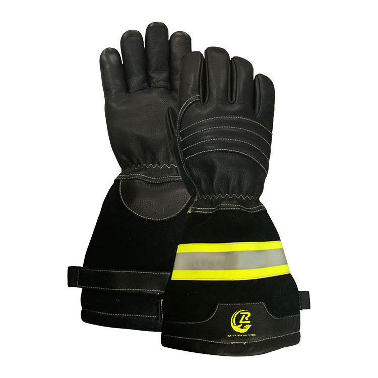 Advanced Fireproof Safety Rescue Work Leather Fireman Firefighter Fire Fighting Gloves With Reflective Strap